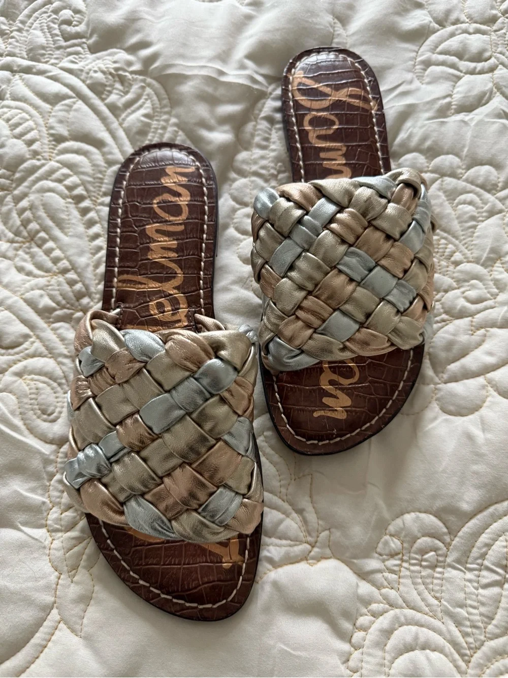 Sam Edelman Braided Metallic Slide Sandals - Silver & Rose Gold